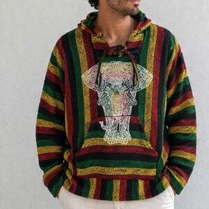 Molina Baja Hoodie Rasta Stripe Elephant Graphic Made in Mexico Boho Pullover S
